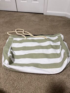 Striped Canvas Tote Bag in Sage Green and White